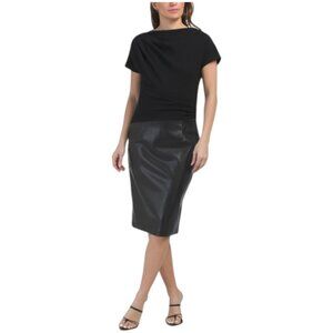 TERI JON Cap Sleeve Crepe Bodice Midi Dress With Faux Leather Skirt
